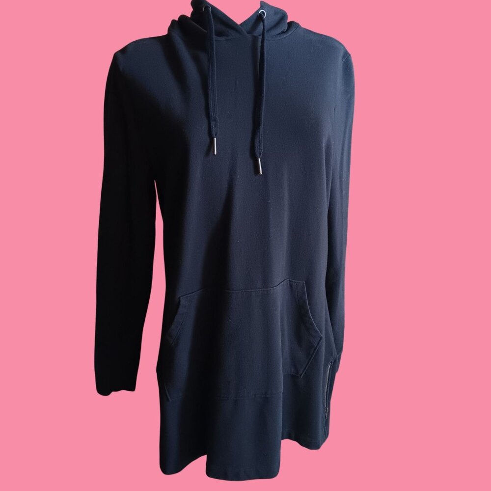 Small Womens Joan Rivers Black Longline Hoodie Tunic Kangaroo Pocket